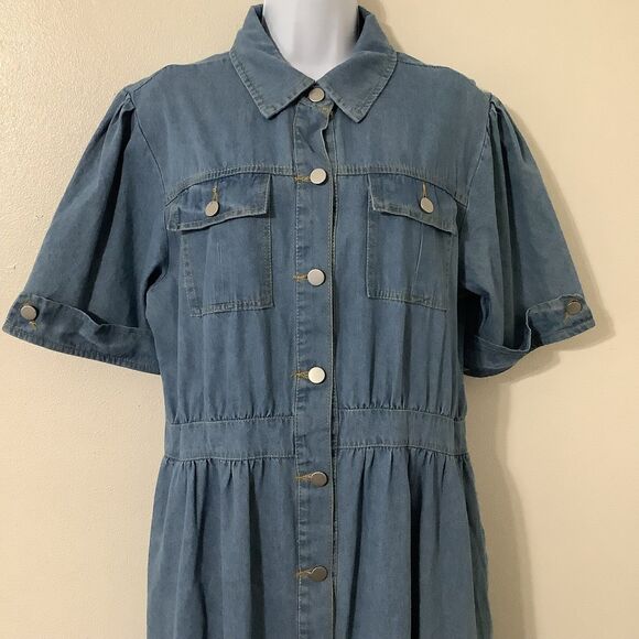 Vintage Blue Denim Retro Button Up Western Cowgirl Country Casual Midi Dress XL - Picture 2 of 7